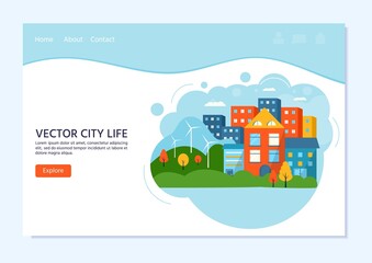 Green modern house with solar panels and wind turbine. Eco friendly alternative energy. Ecosystem city landscape. Flat vector illustration.