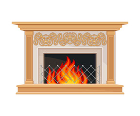 Stone Fireplace or Hearth with Mantelpiece and Burning Fire Vector Illustration