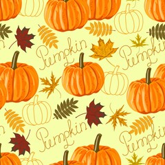 Seamless pattern with autumn leaves and pumpkins.