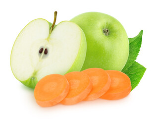 Composition with fruits and vegetables: carrot, apple, on white background.