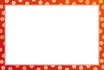赤にゴールドの梅のフレーム　横長ハガキ比率
