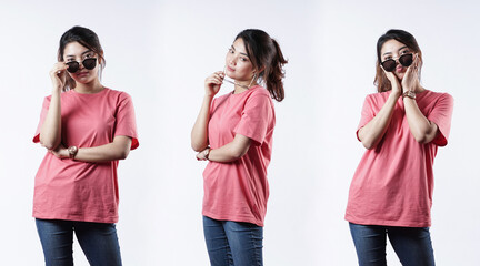 Front portrait with various styles of a young woman. Young woman with a blank pink tshirt, front and back views, isolated white background with cutouts. Design template and women's tshirt mockups.
