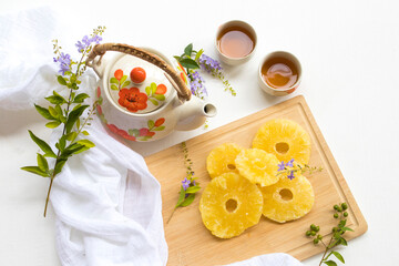 herbal healthy drinks hot tea with pineapple drying dessert snack tasty of lifestyle relax...