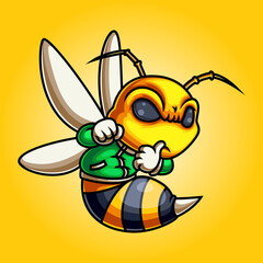 Bee mascot wearing green jacket