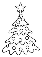 Christmas tree decorated with balloons and a star. Black and white vector image