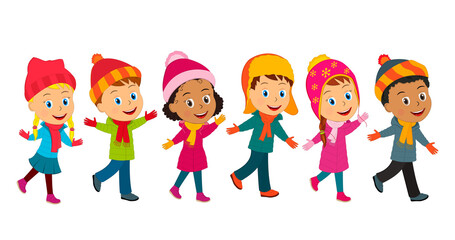 Fototapeta premium cartoon little kids go together on the white background, illustration,vector