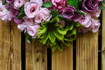 Flower decoration on wood background, wedding scene                              