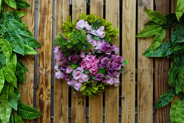 Flower decoration on wood background, wedding scene                              