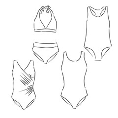 Women's swimsuit. Technical drawing. Beach clothes. Vector illustration. swimsuit, vector sketch illustration