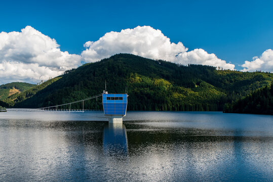 Sance water reservoir with hills on the background in Moravskoslezske Beskydy mountains in Czech republic