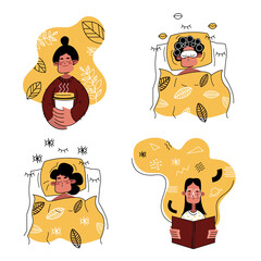 The Woman Sleeps on the Bed in Hand Drawn Style
