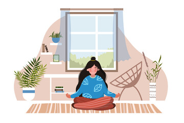 Woman Yoga Asanas Vector in Room in Flat Style