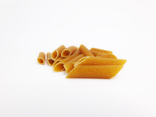 Uncooked Italian macaroni in white background. 