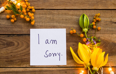 i am sorry message card handwriting with yellow flowers ylang ylang and light arrangement flat lay...