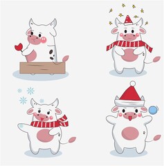 Little calf cute kawaii style. A cartoon character is an animal in a childish manner. set of kawaii Bulls bull in hat and scarf eating Lollipop, New year style,Christmas calf