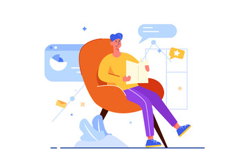 Man in casual clothes sits at home in a comfortable chair and looks through a newspaper isolated on white background, flat vector illustration