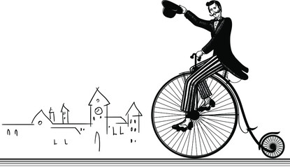 old-fashioned gentleman waving a hat riding a classic bicycle with a big front wheel
