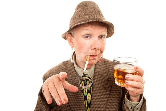 Senior woman in drag with cigarette and alcohol - Powered by Adobe