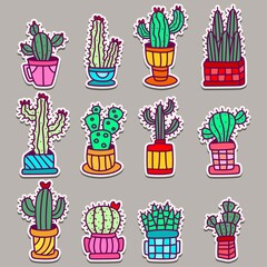 kawaii doodle cartoon cactus designs for stickers, coloring books, backgrounds, pins, emblems, logos and more