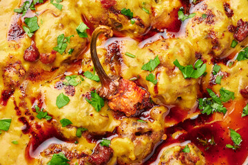 Punjabi Kadhi Pakora close up. Kadhi Pakoda is indian cuisine curry dish. Asian food and meal