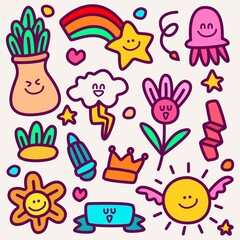 kawaii doodle cartoon sticker design hand drawn for wallpapers, stickers, logos, emblems, pins, coloring books