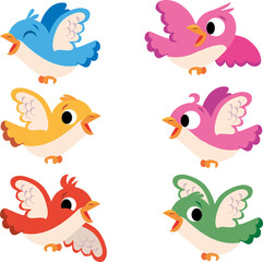 group of colorful birds in various flight poses