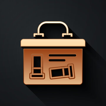 Gold Military Ammunition Box With Some Ammo Bullets Icon Isolated On Black Background. Long Shadow Style. Vector.