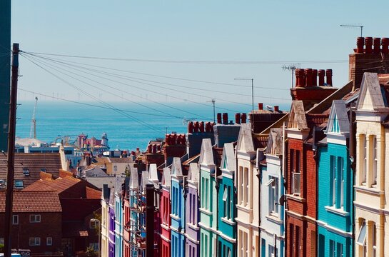 The colourful neighbourhood, Blaker Street, in Brighton. Famous for its colourful houses and the seaview