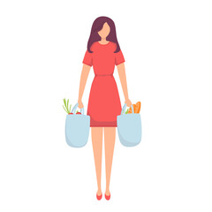 Young attractive fashionable woman holding packages with foods. Isolated concept girl character with flat style. Vector illustration.