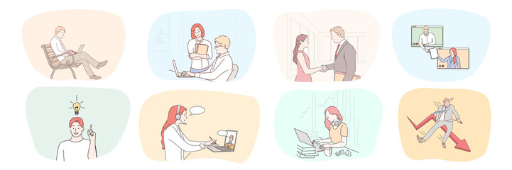 Success, business, meeting, crisis, bankruptcy, partnership, brainstorming, communication, teamwork set. Collection businessmen women managers freelancers working together making deal talking online.