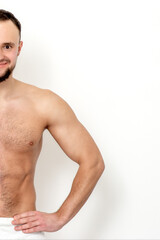 Fototapeta premium Young caucasian man with bare chested before and after waxing his hair stands on white background