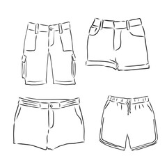 Vector illustration of pants. Front and side views., shorts, vector sketch illustration