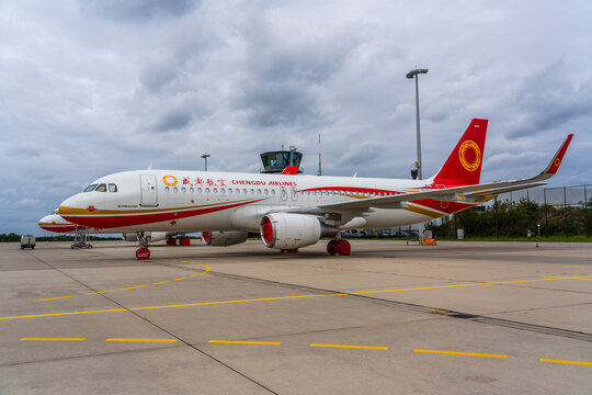 Dresden, Saxony, Germany, October 2020, Dresden Airport, brand new Chengdu Airlines, Airbus A320 airplanes parked at Dresden Airport - no delivery due to coronavirus pandemic 