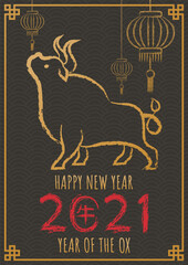 Fototapeta premium Happy chinese new year 2021, Year of the ox. Hand drawn Calligraphy Ox. Vector illustration, Doodle brush ink style. Translation: Happy new year, Ox.