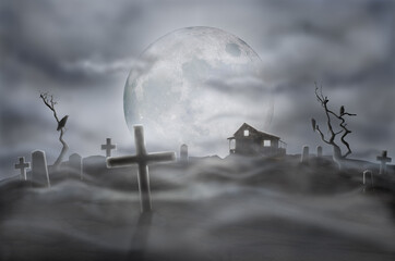 3d illustration halloween event concept, scary pumpkin evil in dark halloween night