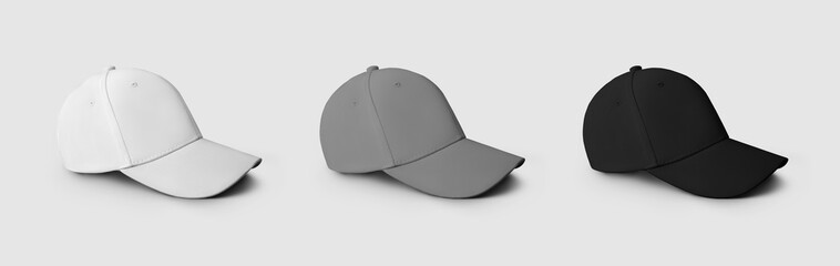 Set of assorted sports baseball caps, side view, for presentation of design and pattern.