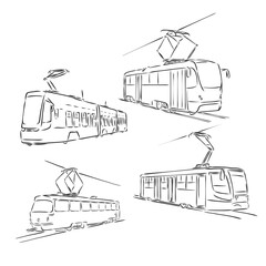 Fototapeta na wymiar Isolated vector illustration of a tram. Public urban transportation. Hand drawn linear doodle ink sketch. Black silhouette on white background., tram, vector sketch illustration