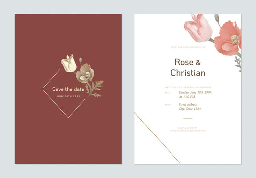 Floral wedding invitation card template design, tulip and poppy flowers