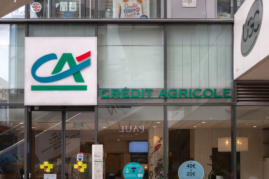 Lyon, France - August 29, 2020. Front view of Credit Agricole bank agency. Cooperative financial institution with network of local banks.