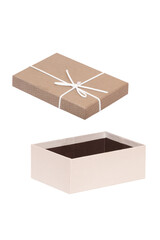 Gift box isolated. Close-up of a beige opened present or gift box with white ribbon bow isolated on a white background. Birthday, valentine, anniversary or other holidays. Macro photograph.