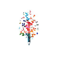 Colorful pencil with Arabic Islamic calligraphy symbols for creative writing, idea and inspiration, education and learning concept. Blogging and copywriting
