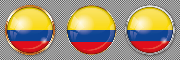 Round buttons with flag of Columbia on transparent background