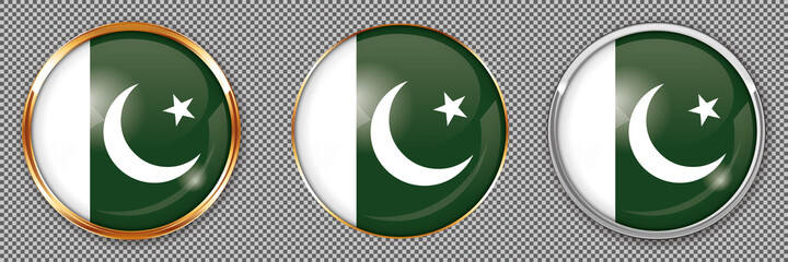 Round buttons with flag of Pakistan on transparent background