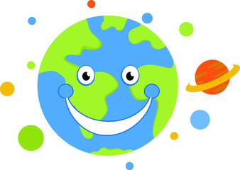 The happy and fun design of the smiling planet earth with some other planets around it in a very creative style.