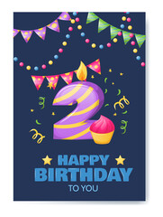 Birthday anniversary number candle. Cheerful celebration gift card with burn candle for cake, birthday number two, holiday decoration. Candle in form of number box with gift for birthday poster
