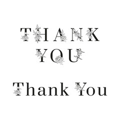 Lettering of Thank you. Inscription for Greeting card design. For wedding templates with uppercase letters decorated with peonies flowers and leaves. Floral design. Black and white colors.