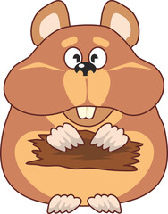 Hamster isolated on white background. A cute plump hamster sits on its hind legs, holds and gnaws on the bark of a tree. Flat infographics. Vector illustration in cartoon style..