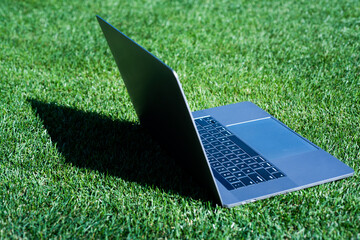 green business and technology. planning summer vacation. shopping online. stay connected. Laptop on green grass. Education learning or freelance working outdoor or relaxation concept. Mobile Office