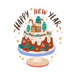 Christmas card with homemade dessert and Happy New Year inscription. Holiday xmas cake decorated with icing and mistletoe. Vector flat cartoon illustration of sweet festive meal isolated on white