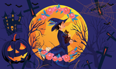 Halloween Fullmoon Banner, Witch, Haunted House, pumpkins patch, and Bats.Happy Halloween purple banner trick or treat with a full moon Vector illustration Flat design